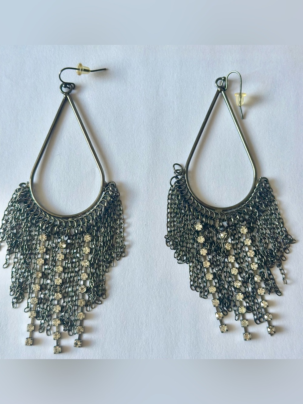 Gunmetal Fringe Chandelier Earrings with Clear Stones